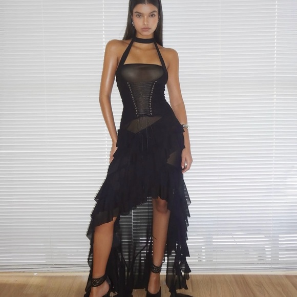 Black Asymmetrical High Low Halter Gown - Picture 4 of 6